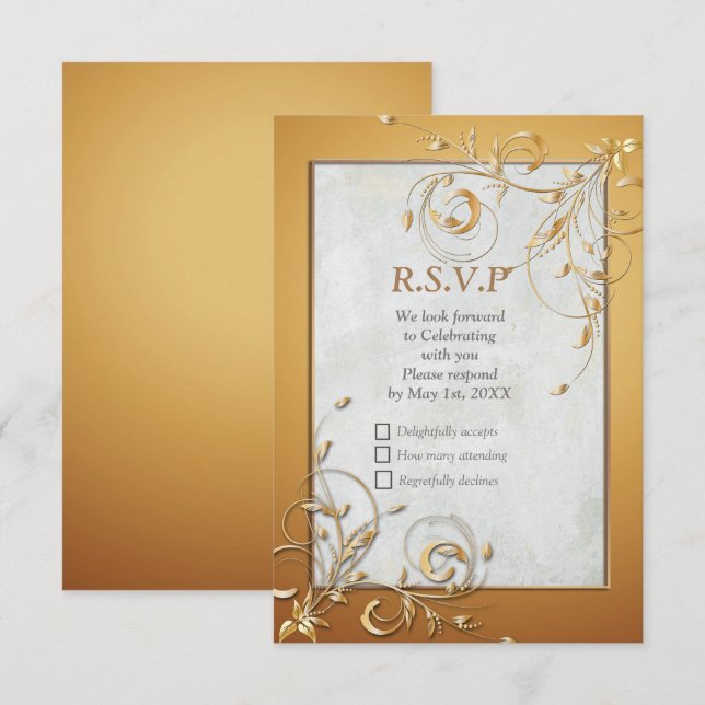 Elegant Ripple Cream & Gold RSVP Card (Front/Back)