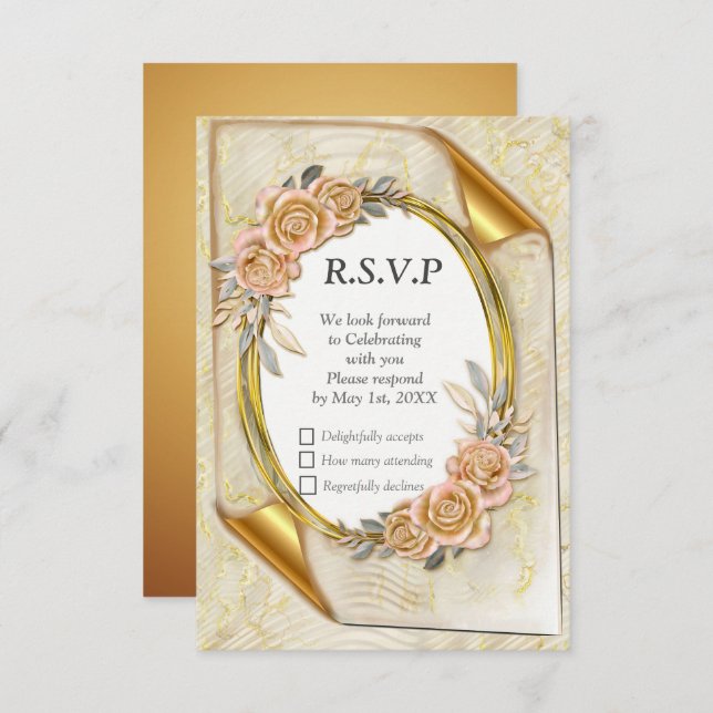 Elegant ripple cream & gold  RSVP card (Front/Back)