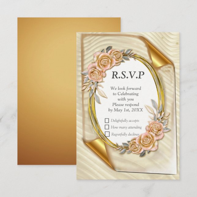 Elegant Ripple Cream & Gold RSVP Card (Front/Back)