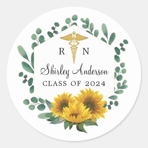 Elegant RN Sunflower Nurse Graduation Classic Round Sticker