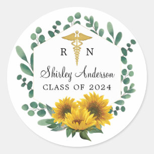 Elegant RN Sunflower Nurse Graduation Classic Round Sticker