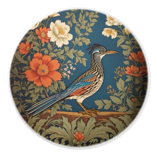 Elegant Roadrunner Bird William Morris Inspired Ceramic Knob (Front)