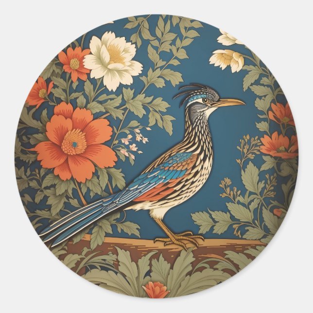 Elegant Roadrunner Bird William Morris Inspired Classic Round Sticker (Front)