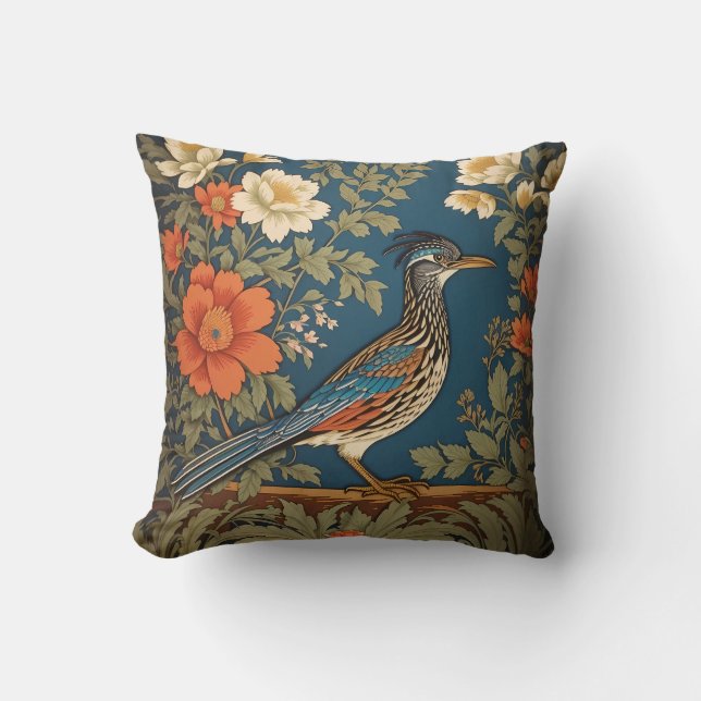 Elegant Roadrunner Bird William Morris Inspired Throw Pillow (Front)