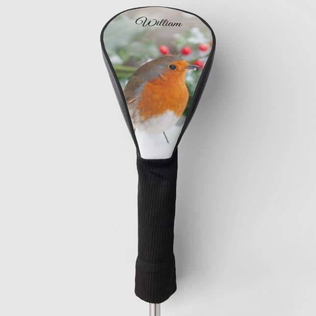 Elegant Robin in Snow Red Berries Personalized Golf Head Cover (Front)