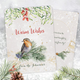 Elegant Robin Mistletoe Snow Gold Holiday Card