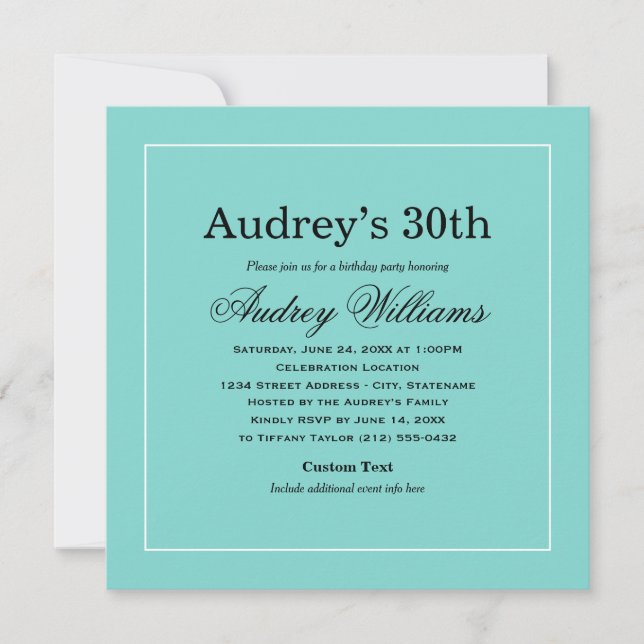 Elegant Robin's Egg Blue Birthday Party Invitation (Front)