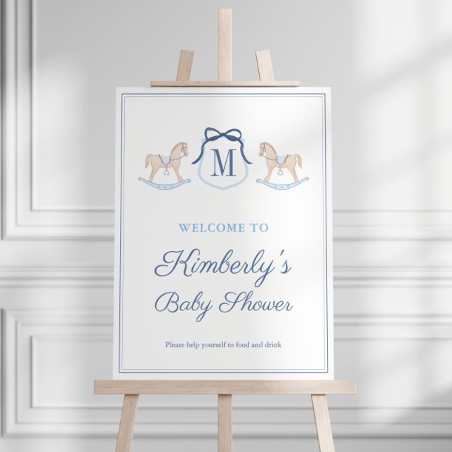 Elegant Rocking Horse Boy Baby Shower Welcome Sign (Preppy monogram rocking horse baby shower for boy welcome sign)