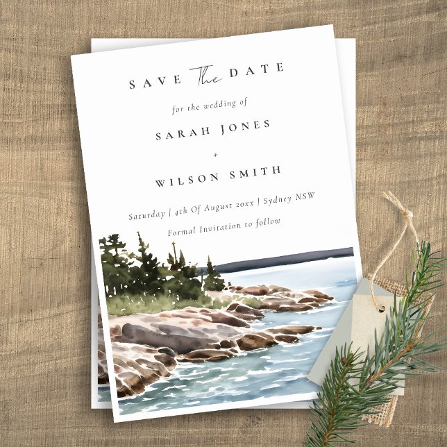 Elegant Rocky Pine Mountain Watercolor Seascape Save The Date (Creator Uploaded)