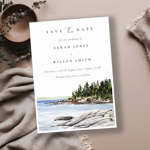 Elegant Rocky Pine Mountain Watercolor Seascape Save The Date