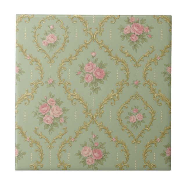 Elegant Rococo Floral Pattern in Soft Pastels Ceramic Tile (Front)