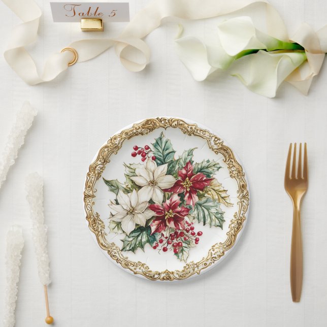 Elegant Rococo Floral Poinsettia Holiday Dining  Paper Plates (Wedding)