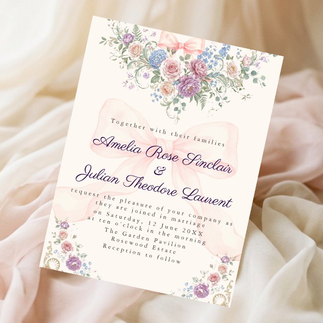 Elegant Rococo Garden with Blush Ribbon Bow Weddin Invitation (Creator Uploaded)