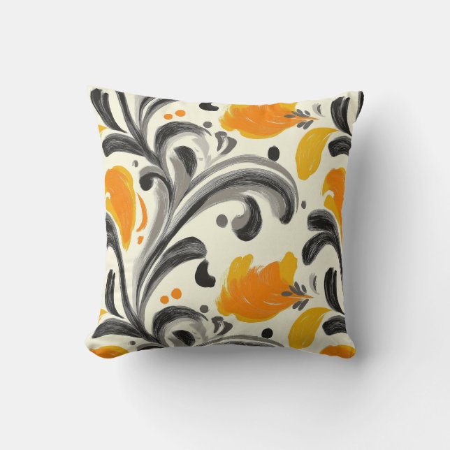 Elegant Rococo Inspired Orange and Black Design Throw Pillow (Front)