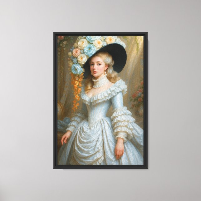 Elegant Rococo Lady with Floral Hat Canvas Print (Front)