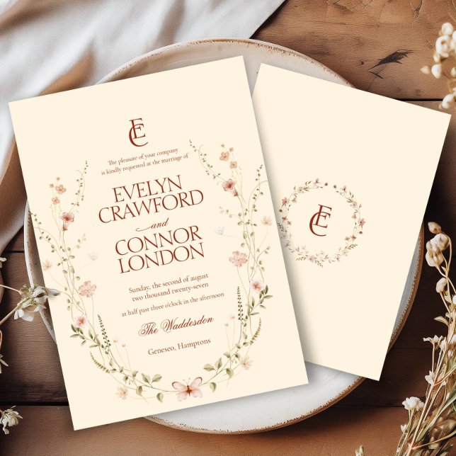 Elegant Rococo Monogram Floral Rustic Wedding Invitation (Creator Uploaded)