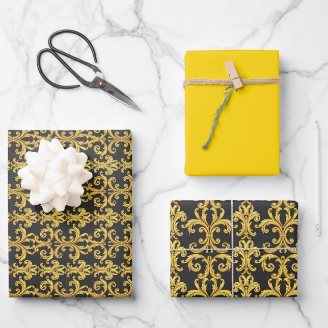 Elegant Rococo Revival Gold & Charcoal Baroque Wrapping Paper Sheets (Front)