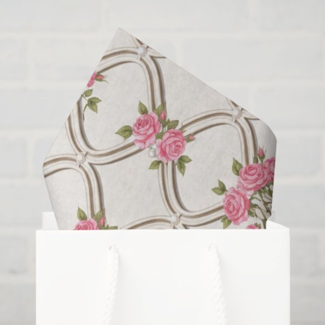 Elegant Rococo Revival Pink Floral & Beige Lattice Tissue Paper (Gift Bag)