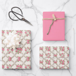 Elegant Rococo Revival Pink Floral & Beige Lattice Wrapping Paper Sheets