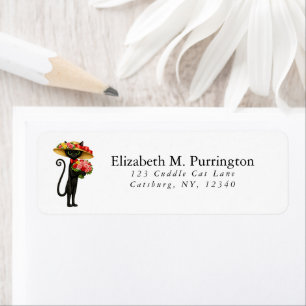 Elegant Romantic Black Cat with Roses and Big Hat Label