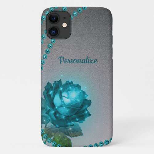 Elegant Romantic Blue Crystal Rose Pearls iPhone 11 Case