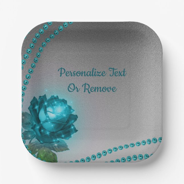 Elegant Romantic Blue Crystal Rose Pearls Chic  Paper Plates (Front)