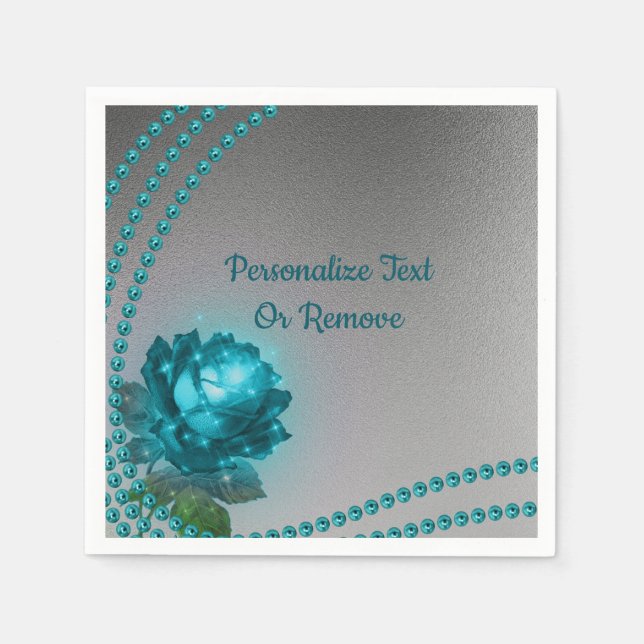 Elegant Romantic Blue Crystal Rose Pearls Napkins (Front)