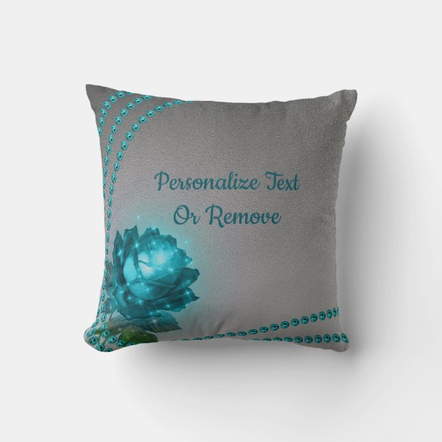Elegant Romantic Blue Crystal Rose Pearls Throw Pillow (Front)