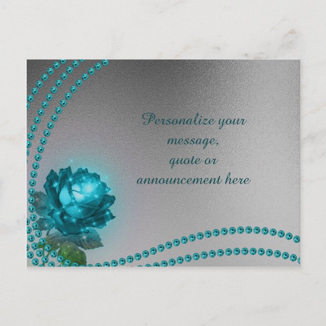 Elegant & Romantic Blue Rose & Pearls Personalize Announcement Postcard (Front)