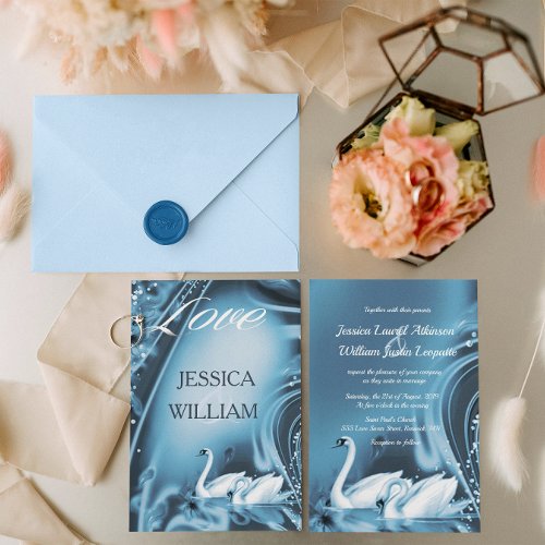 Elegant Romantic Blue Swan Love Wedding Invite