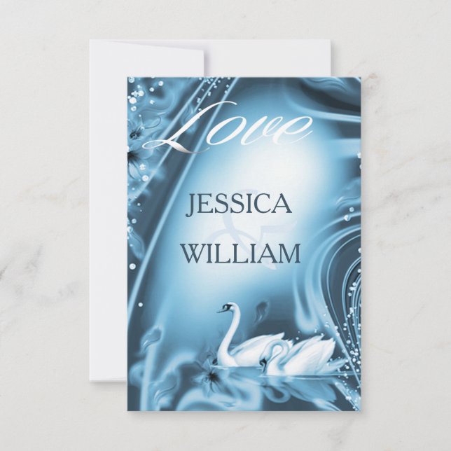 Elegant Romantic Blue Swan Love Wedding RSVP Card (Front)