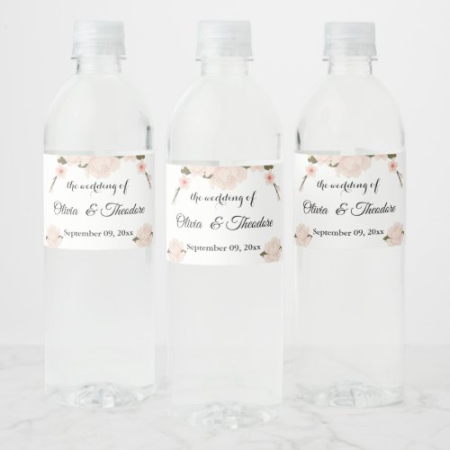 Elegant Romantic Blush Pink Floral Blossom Wedding Water Bottle Label