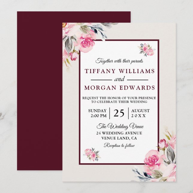 Elegant Romantic Burgundy Blush Floral Wedding Invitation (Front/Back)