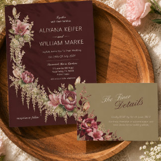 Elegant Romantic Burgundy Floral Wedding RSVP Card