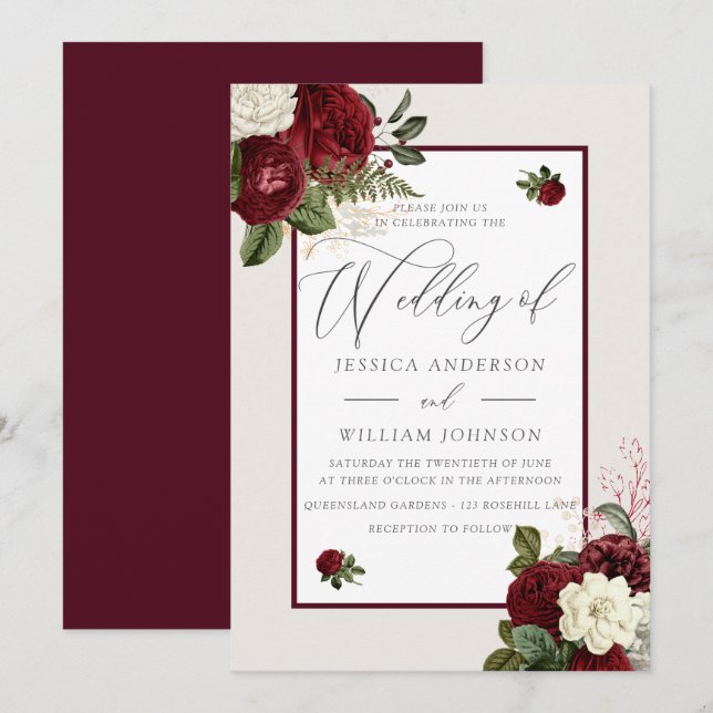Elegant Romantic Burgundy Red Floral Wedding  Invitation (Front/Back)