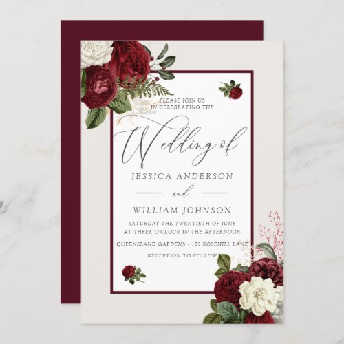 Elegant Romantic Burgundy Red Floral Wedding  Invitation