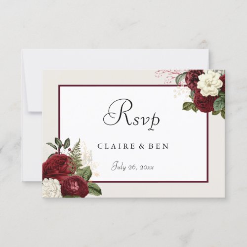 Elegant Romantic Burgundy Red Flowers Wedding RSVP Card