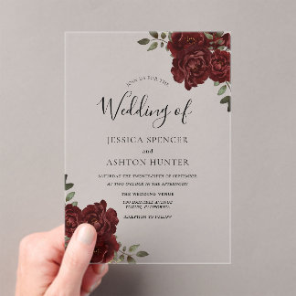 Elegant Romantic Burgundy Red Rose Wedding Acrylic Invitations