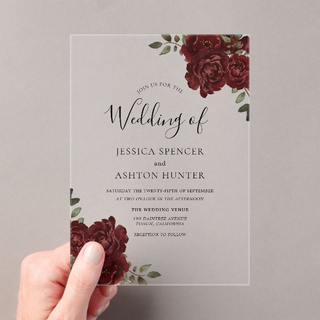 Elegant Romantic Burgundy Red Rose Wedding Acrylic Invitations (Insitu (Handheld))