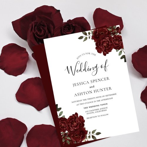 Elegant Romantic Burgundy Red Rose Wedding Invite