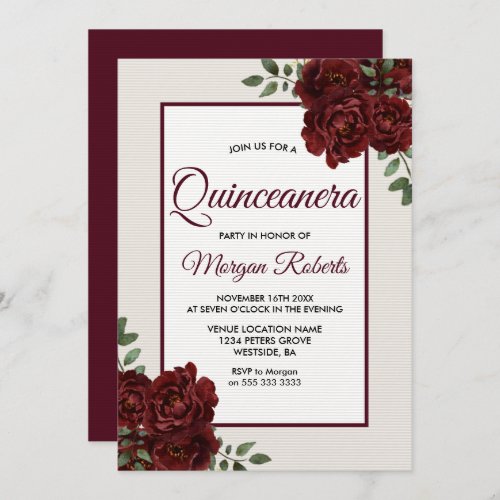 Elegant Romantic Burgundy Roses Quinceanera Invitation