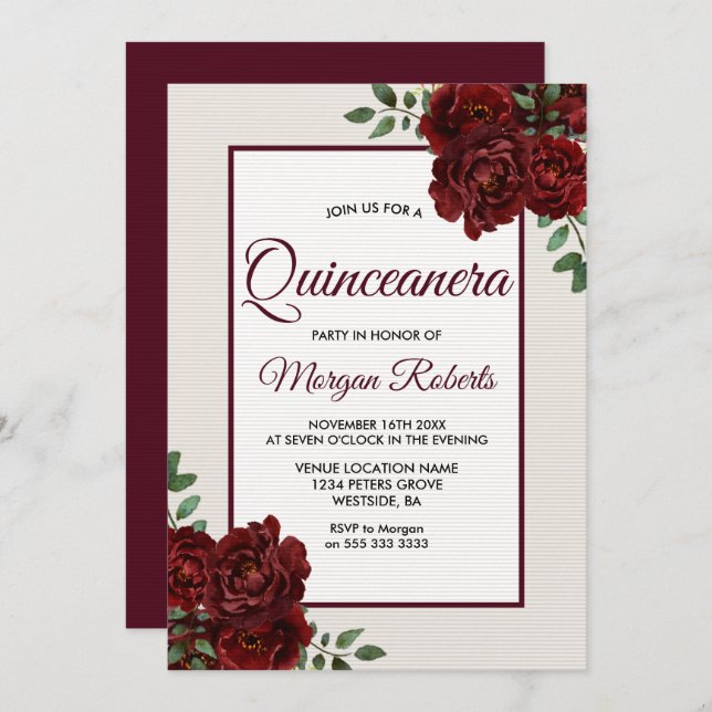 Elegant Romantic Burgundy Roses Quinceanera Invitation (Front/Back)