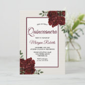 Elegant Romantic Burgundy Roses Quinceanera Invitation (Standing Front)