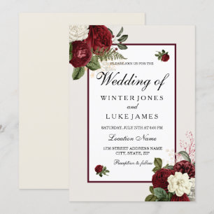 Elegant Romantic Burgundy & White Flowers Wedding Invitation
