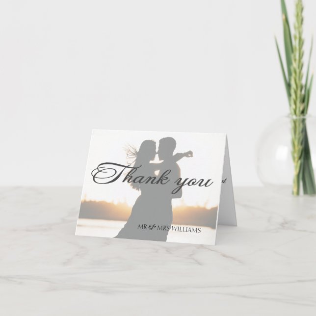 Elegant Romantic Calligraphic Photo Wedding Thank  You Card (Front)