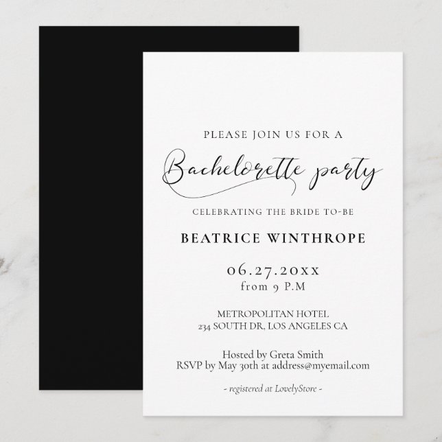 Elegant romantic calligraphy Bachelorette Party Invitation (Front/Back)