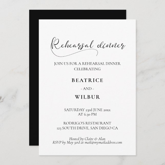 Elegant romantic calligraphy rehearsal dinner invitation (Front/Back)