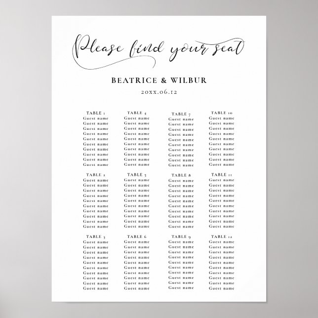 Elegant romantic calligraphy wedding seating chart (Front)