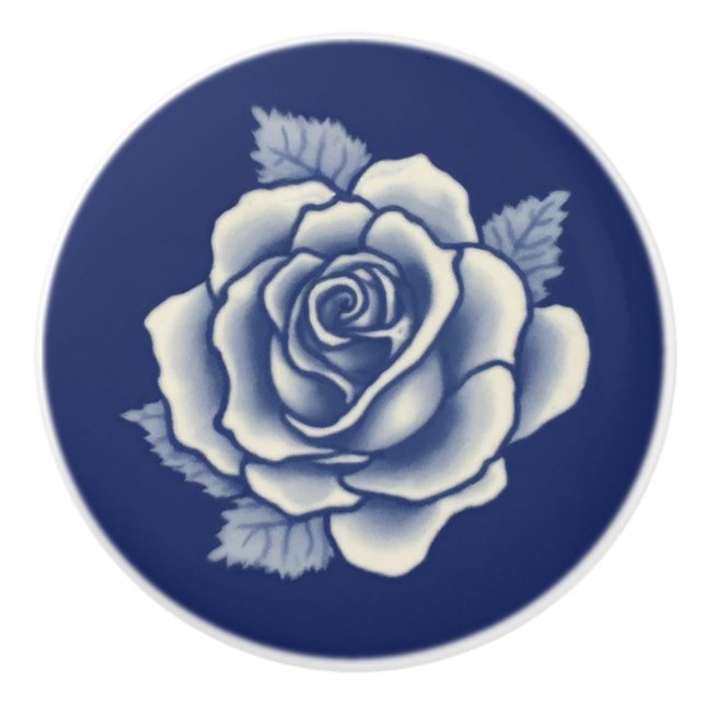 Elegant Romantic Chic Blue Floral Damask Rose Ceramic Knob (Front)
