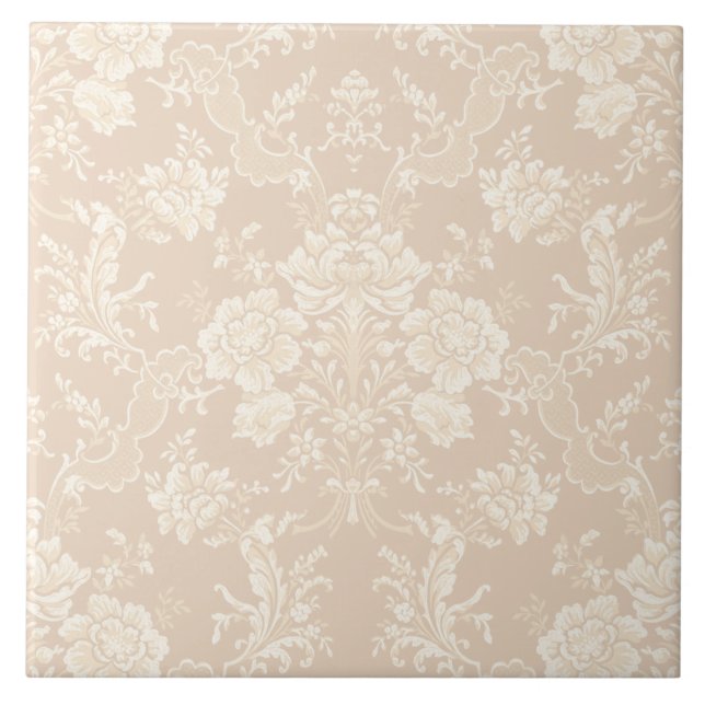 Elegant Romantic Chic Floral Damask-Cream Ceramic Tile (Front)